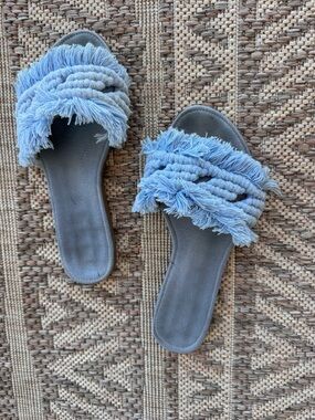 Light Blue Fringe Braided Slide Sandals Slip-On Flat Fabric Casual Women macrame